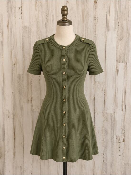 French Connection Dresses & Skirts - French Connection Olive Green Ribbed Knit Mini Dress XS Gold Button Short Sleeve